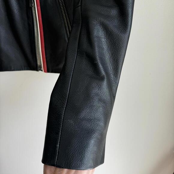 Joe’s Collection Moto Black Leather Jacket Red White Piping Size S - Picture 8 of 14